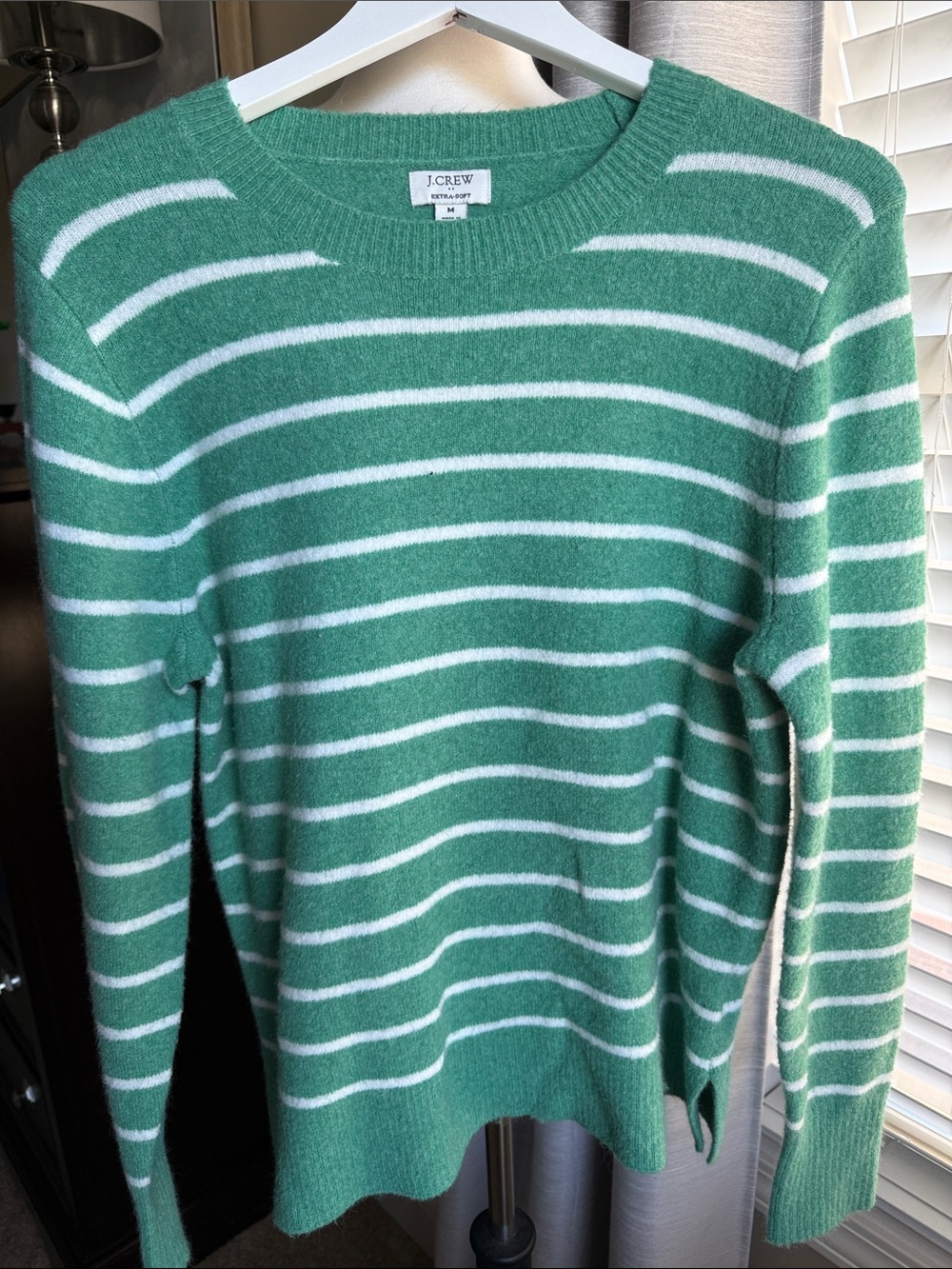 J. Crew Green and White Striped Women’s Crewneck Sweater